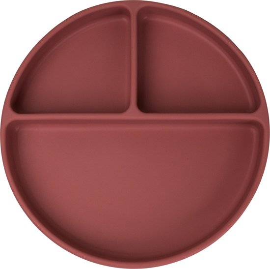 Rood babybord met drie vakken en zuignap.
