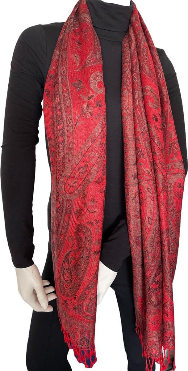 Pashmina Sjaal- Fashion Sjawl Pareo Omslagdoek- Fijn geweven Sjaal 206/7- Rood met mix details