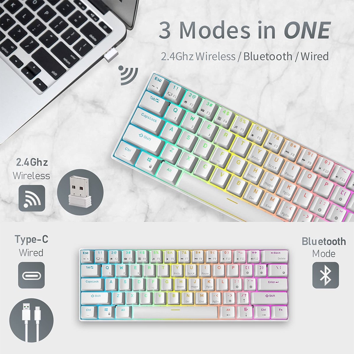 Royal Kludge RK61 - Mechanisch Gaming Toetsenbord - Draadloos - Ergonomisch - RGB - Brown Switch thumbnail 4