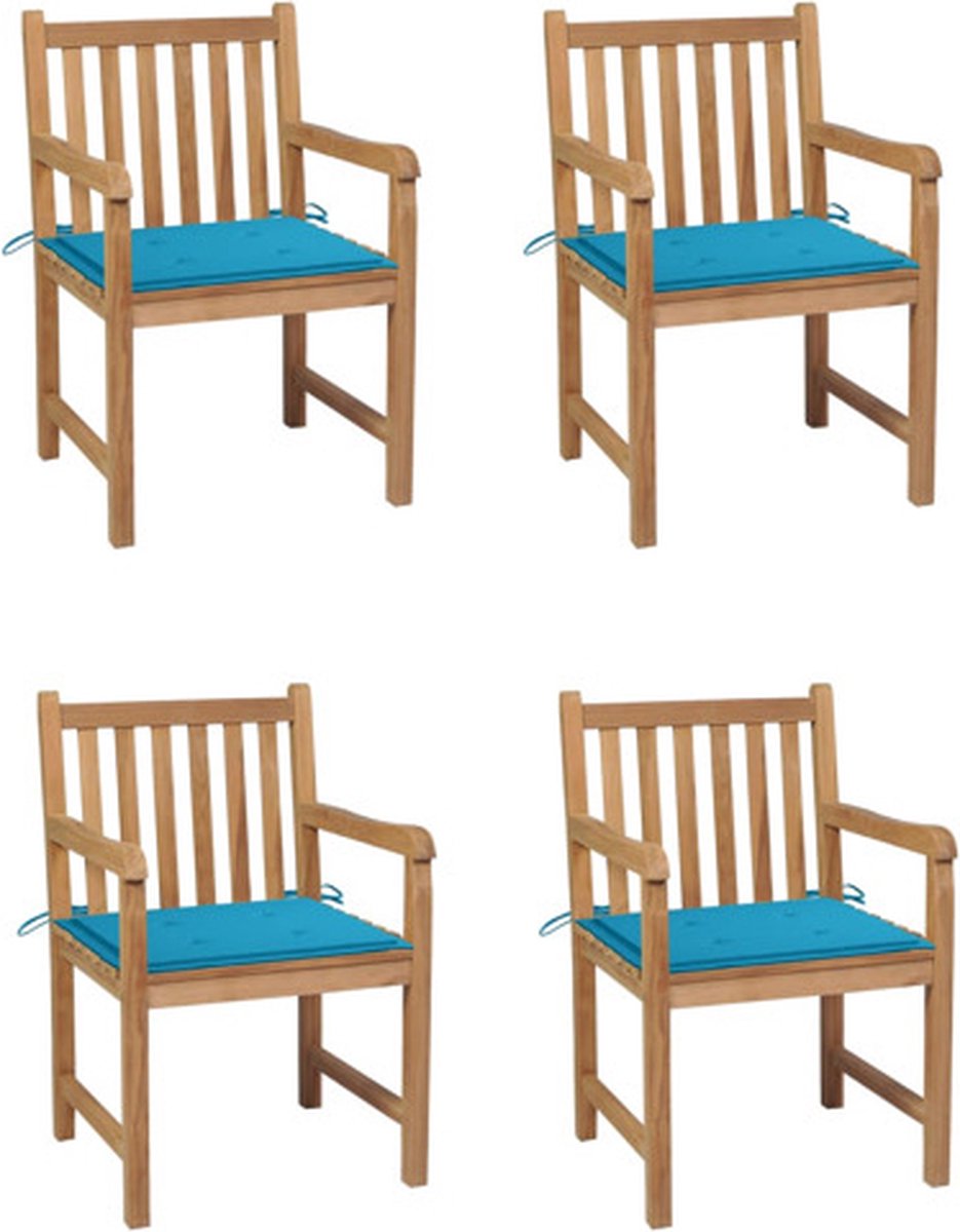 vidaXL - Tuinstoelen - 4 - st - met - blauwe - kussens - massief - teakhout