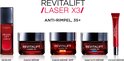 L'Oréal Revitalift Laser X3 anti-rimpel producten: serum, dagcrème met SPF 20, nachtcrème en oogcrème.