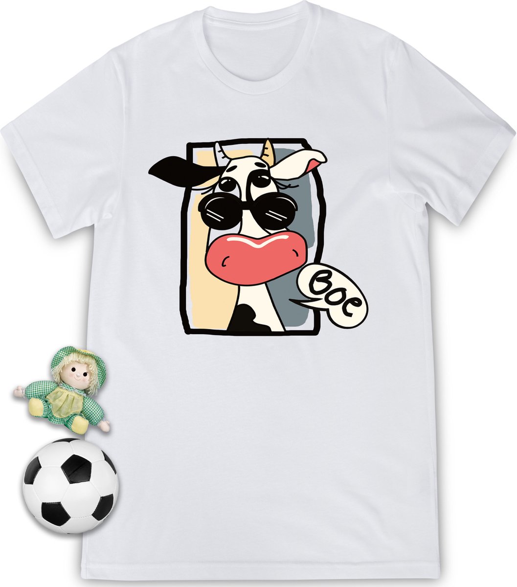 Grappig t shirt met cartoon koe - Tshirt jongens / meisjes - Unisex maten: 92, 104, 116, 128, 140, 152, 164 - T-shirt kleuren: wit, blauw, groen en roze.