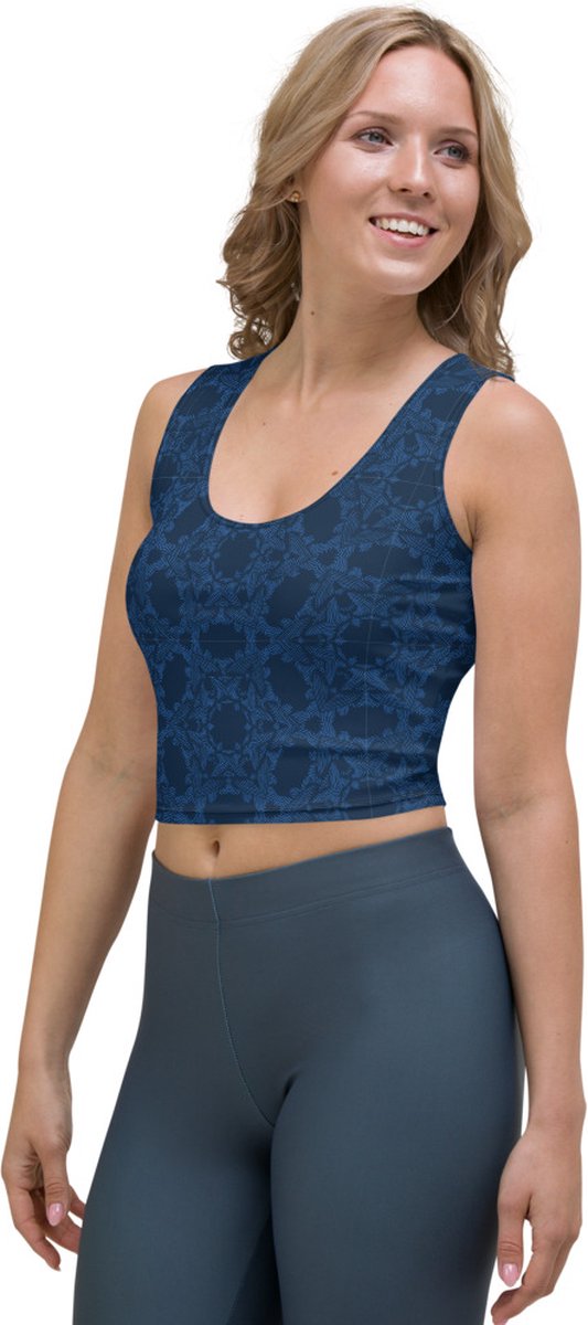 CropTop - design Grace in Lace - Dry Fit - High Performance - unieke print - 4way stretch - UPF 50+ - Hardloop - Yoga - Fitness - Dans - Pilates - Training - Sport Top - dames - donkerblauw klassiekblauw - maat L