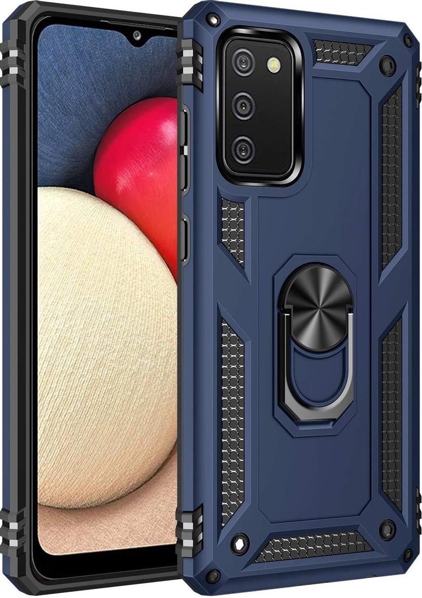 Hoesje Geschikt Voor Samsung Galaxy A02s Hoesje Armor Anti-shock Backcover Blauw - Galaxy A02s - A02s Backcover kickstand Ring houder cover TPU backcover oTronica