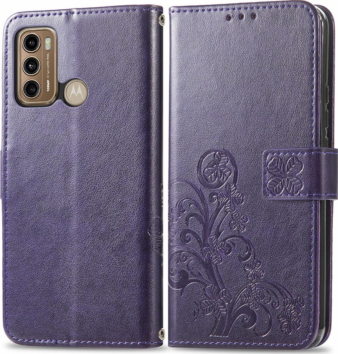 Mobigear Telefoonhoesje geschikt voor Motorola Moto G60 Hoesje | Mobigear Clover Bookcase Portemonnee | Pasjeshouder voor 3 Pasjes | Telefoonhoesje voor Pinpas / OV Kaart / Rijbewijs - Paars