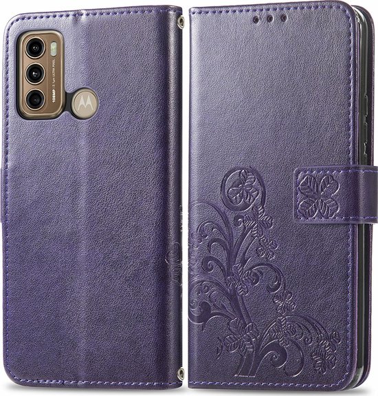 Mobigear Telefoonhoesje geschikt voor Motorola Moto G60 Hoesje | Mobigear Clover Bookcase Portemonnee | Pasjeshouder voor 3 Pasjes | Telefoonhoesje voor Pinpas / OV Kaart / Rijbewijs - Paars