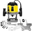 Gele Trotec bovenfreesmachine met accessoires, op witte achtergrond. Inclusief frezen, sleutel en geleider.