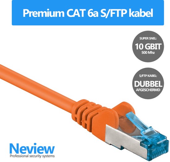 Neview - 25 cm premium S/FTP patchkabel - CAT 6a - 10 Gbit - 100% koper - Oranje - Dubbele afscherming - (netwerkkabel/internetkabel)