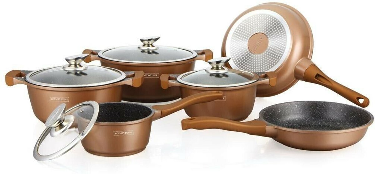 Royalty Line 10-delige Marmer Coating Pannenset met Deksels - Kookpan - Koekenpan - Koper/Bruin