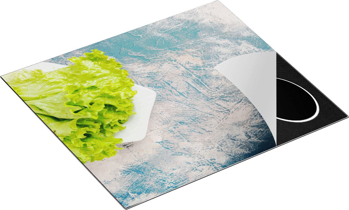 Chefcare Inductie Beschermer Groene Sla op een Blauwe Achtergrond - 60x50 cm - Afdekplaat Inductie - Kookplaat Beschermer - Inductie Mat