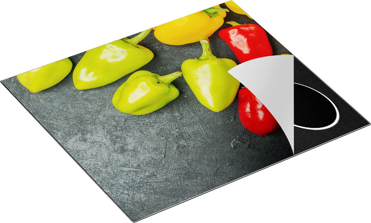 Chefcare Inductie Beschermer Paprika's op Zwarte Marmer - 58,3x51,3 cm - Afdekplaat Inductie - Kookplaat Beschermer - Inductie Mat