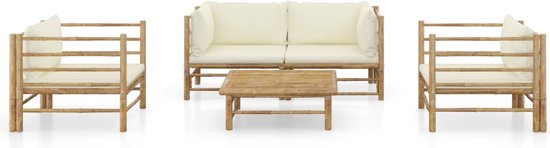 vidaXL - 5-delige - Loungeset - met - crèmewitte - kussens - bamboe