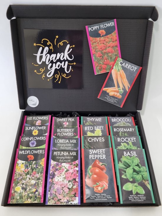 Foto: Zaden pakket met mystery card thank you met jouw eigen persoonlijke videoboodschap pakket met 18 verschillende bloemen kruiden en groentenzaden in 1 box door de brievenbus verjaardag vaderdag moederdag