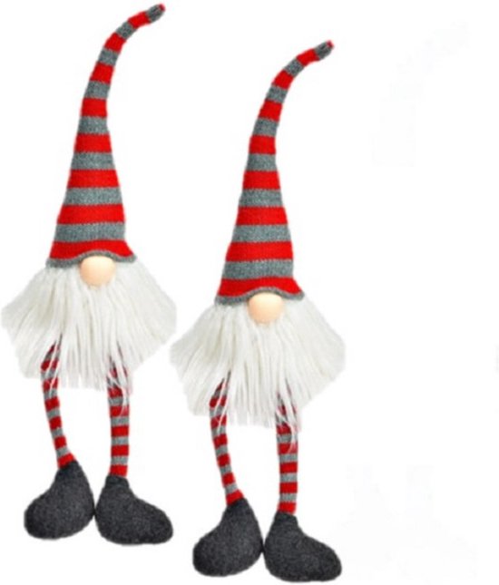 Set van 2x stuks pluche gnome/dwerg decoratie poppen/knuffels wit/rood/grijs 6 x 8 x 50 cm - Kerstgnomes/kerstkabouters