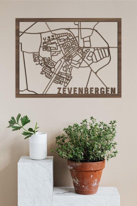 Houten Stadskaart Zevenbergen Notenhout 50x70cm Wanddecoratie Voor Aan De Muur City Shapes