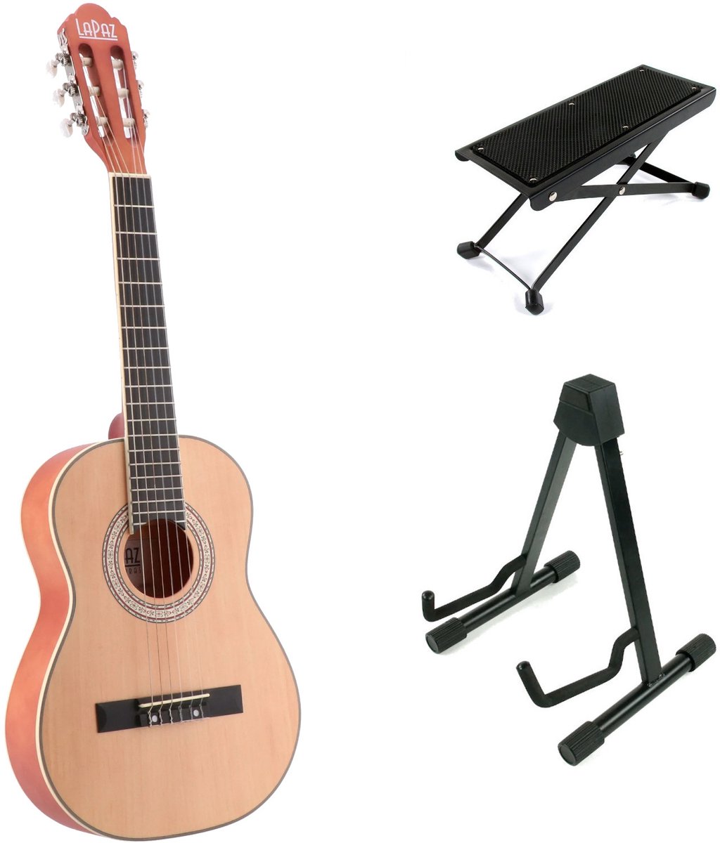 LaPaz C30N klassieke gitaar 3/4-formaat naturel + statief + voetenbank