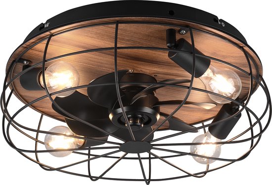 LED Plafondlamp met Ventilator - Plafondventilator - Torna Turbind - E27 Fitting - Afstandsbediening - Rond - Mat Zwart/Bruin - Aluminium