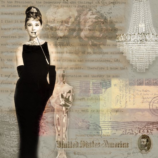 Poster / Papier - Filmsterren / Retro - Audrey Hepburn / Collage in wit ...