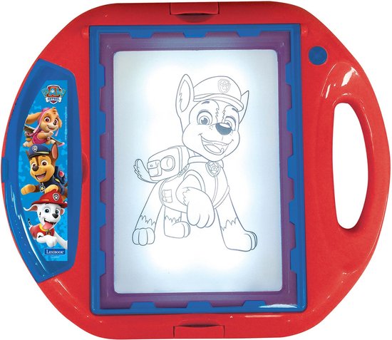 Rode en blauwe Paw Patrol tekenprojector met een tekening van één hondenkarakter, Chase, en de tekst 'Lexibook'.