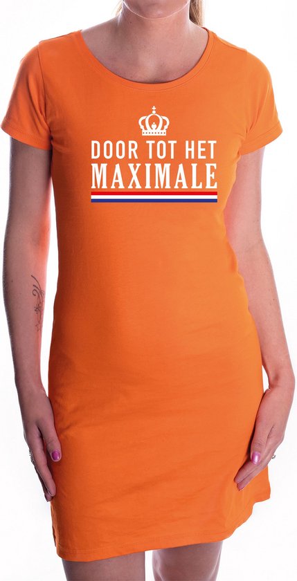 Door tot het Maximale met witte kroon jurk oranje voor dames - Koningsdag - supporters kleding / oranje jurkjes S