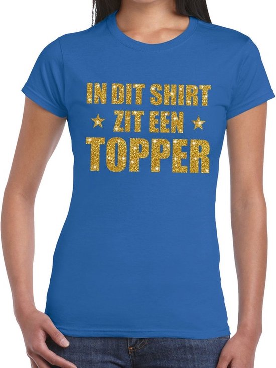 In dit shirt zit een Topper goud glitter tekst t-shirt blauw voor