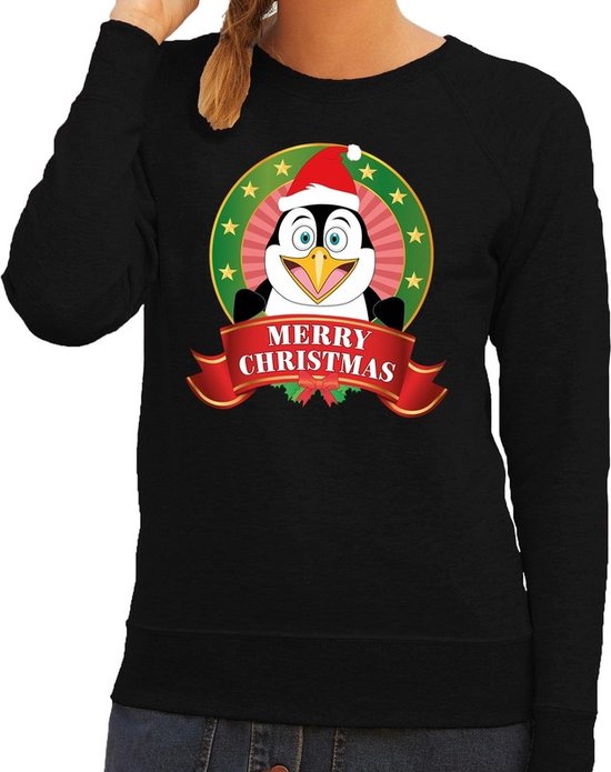 Foute kersttrui / sweater pinguin - zwart - Merry Christmas voor dames 2XL