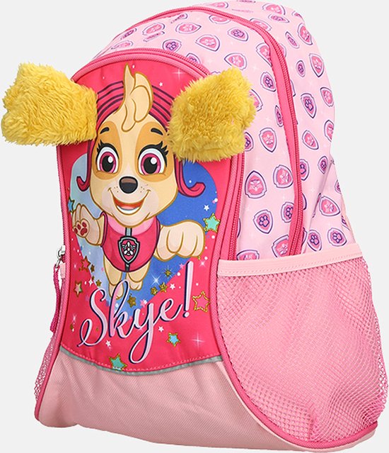Sac à dos rose avec Skye, "Skye !" en lettres scintillantes et oreilles jaunes.
