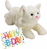 Pluche knuffel witte kat/poes van 33 cm met A5-size Happy Birthday wenskaart - Verjaardag cadeau setje