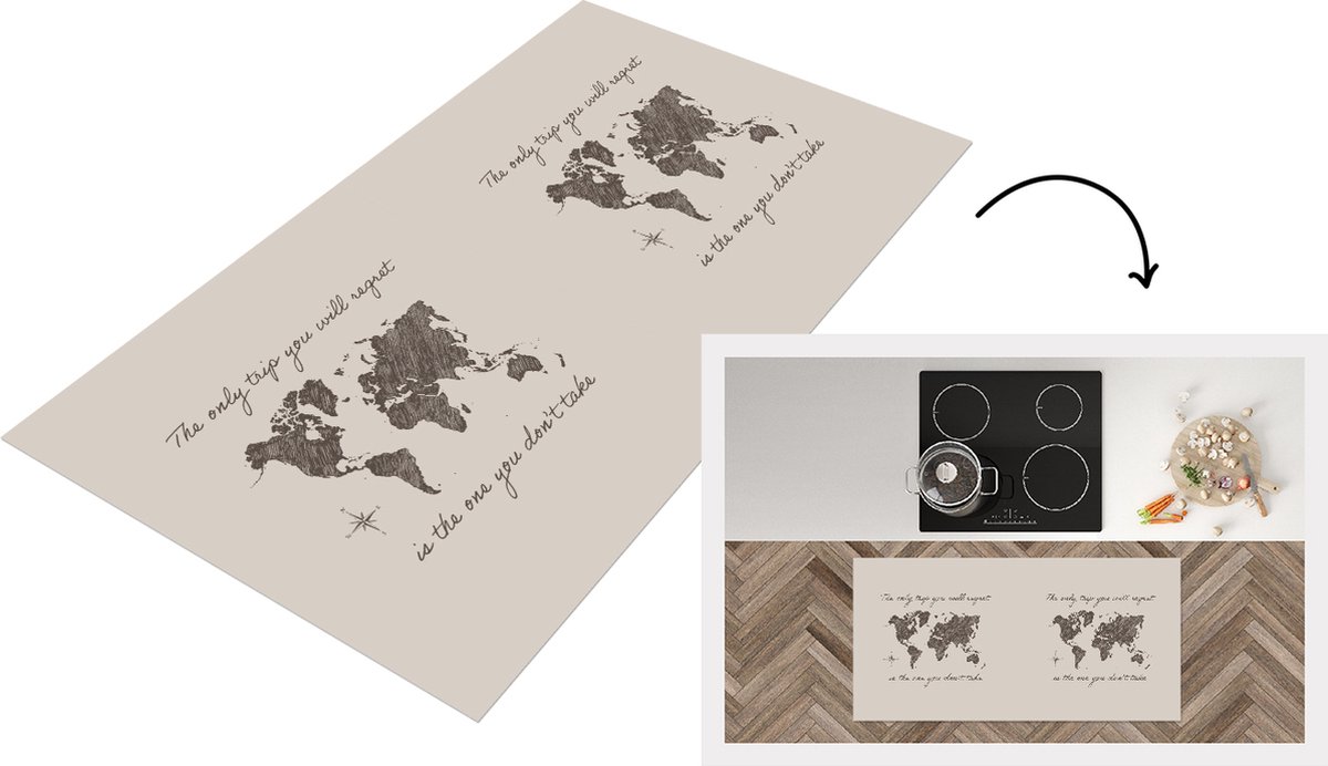 KitchenYeah Keukenloper - Loper keuken - Spreuken - Quotes - The only trip you will regret is the one you don't take - Wereldkaart - 120x60 cm - Keukenloper vinyl Multicolor