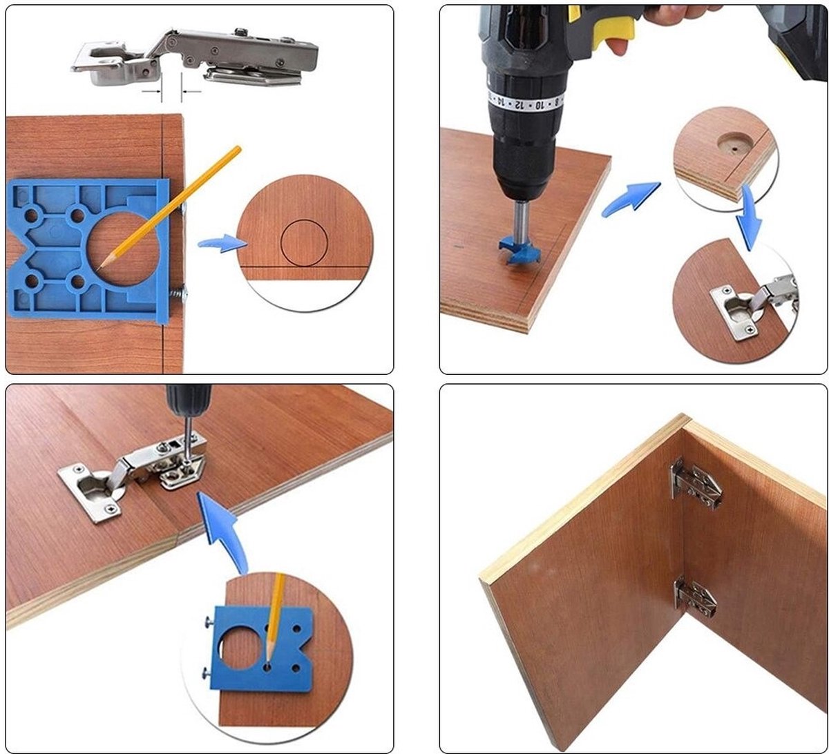 Jomewory Kastdeur Montage Jig - Aluminiumlegering Kast Montage Ondersteuning Kast Scharnier Boor Jig - Boren Gat Scharnier Jig Kast Installatiegereedschap met steunarmen voor thuis