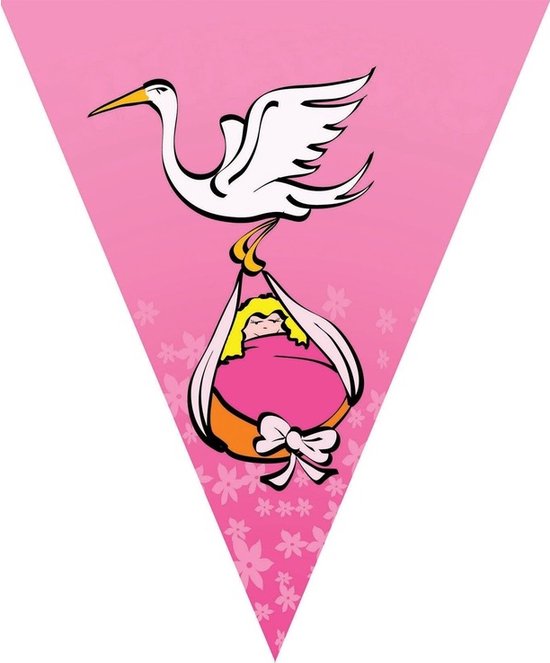 Lot de 2x ligne de drapeau sur le thème de la naissance rose et cigogne - Fournitures de fête et décorations pour fille née - 5 mètres