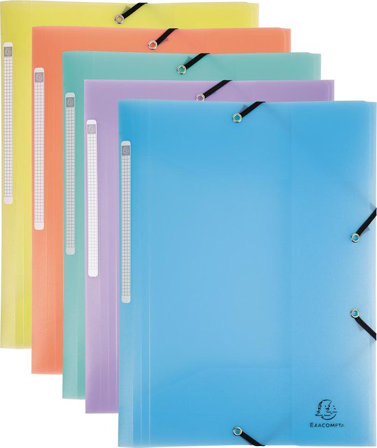 Ensemble de cinq chemises Exacompta couleur pastel : jaune, orange, violet, cyan et bleu.