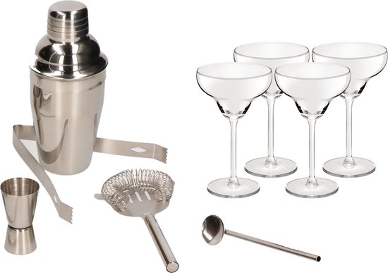 Cocktailshaker set 5-delig inclusief 4x cocktail/margarita glazen 350 ml - Zelf... | bol.com