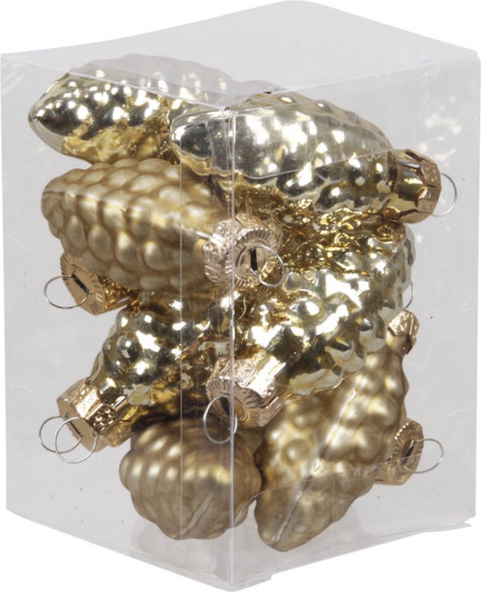 Othmar Decorations 12x Dennenappel kersthangers/kerstballen goud van glas - 6 cm - mat/glans - Kerstboomversiering Goudkleurig