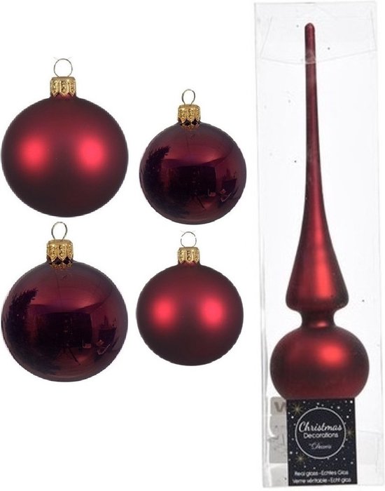 Compleet glazen kerstballen pakket donkerrood glans/mat 38x stuks – 18x 4 cm en 20x 6 cm – Inclusief piek frosted