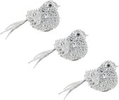 4x stuks decoratie vogels op clip glitter zilver 12 cm - Decoratievogeltjes/kerstboomversiering/bruiloftversiering