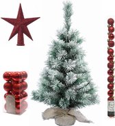 Kunst kerstboom 60 cm in jute zak met rode versiering 31-delig - Kerstdecoratie set