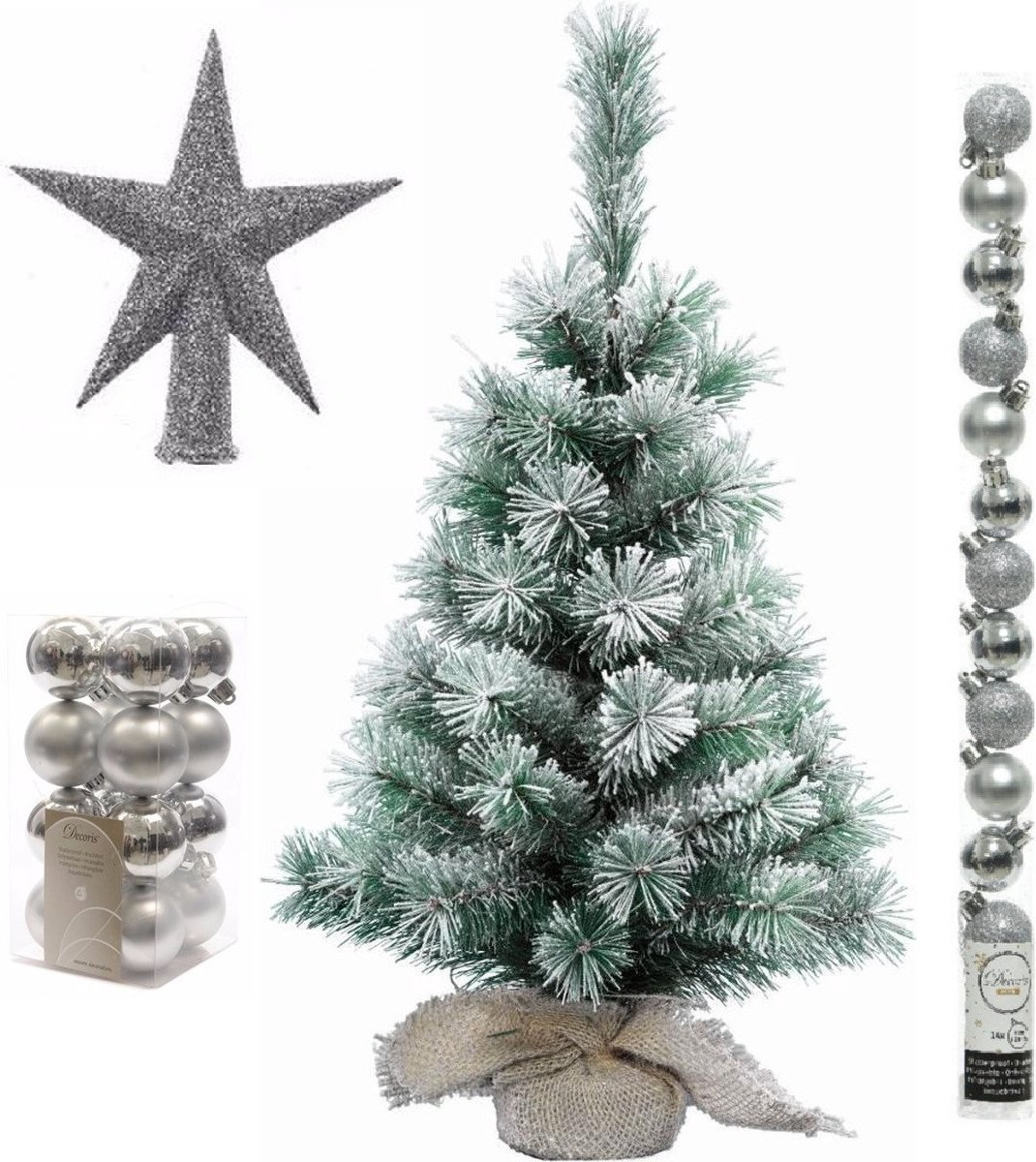 Kunst kerstboom 60 cm in jute zak met zilveren versiering 31-delig - Kerstdecoratie set