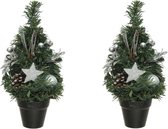 3x stuks mini kunst kerstbomen/kunstbomen met zilveren versiering 30 cm - Miniboompjes/kleine kerstboompjes