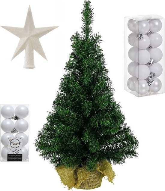 Volle kunst kerstboom 75 cm in jute zak met witte versiering 37-delig - Kerstdecoratie set