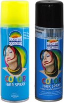 Set van 2x kleuren haarverf/haarspray van 111 ml - Zwart en Fluor Geel - Carnaval verkleed spullen