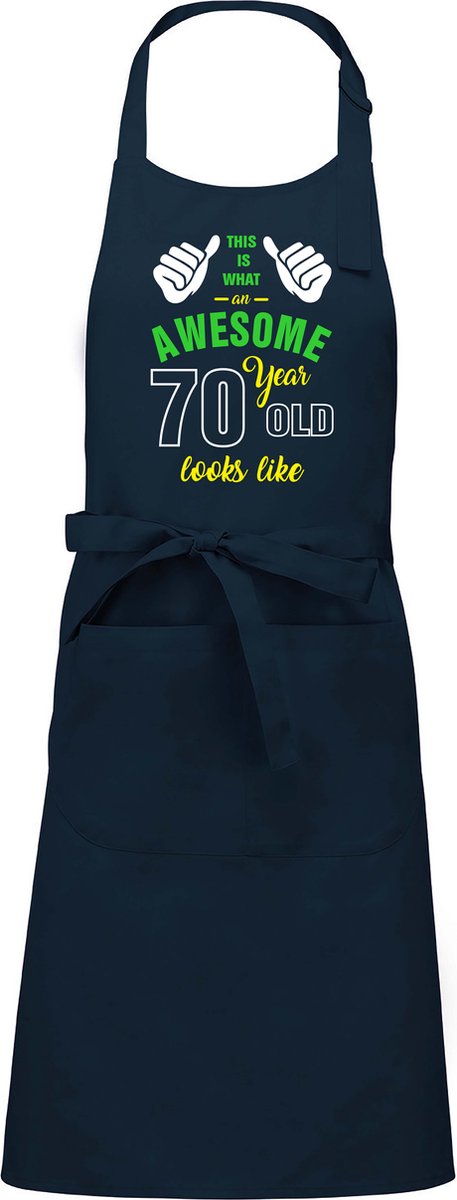 Leeftijd cadeau - Luxe keukenschort - BBQ schort - verjaardag - Awesome 70 jaar - navy blauw
