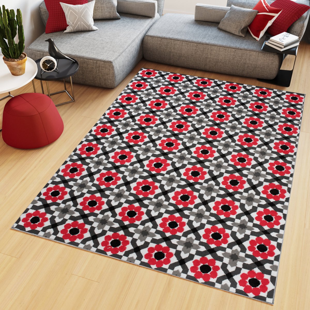 Tapiso Maya Vloerkleed Rood Slaapkamer Gebloemd Tapijten Maat- 200x200 Rood Zwart Grijs