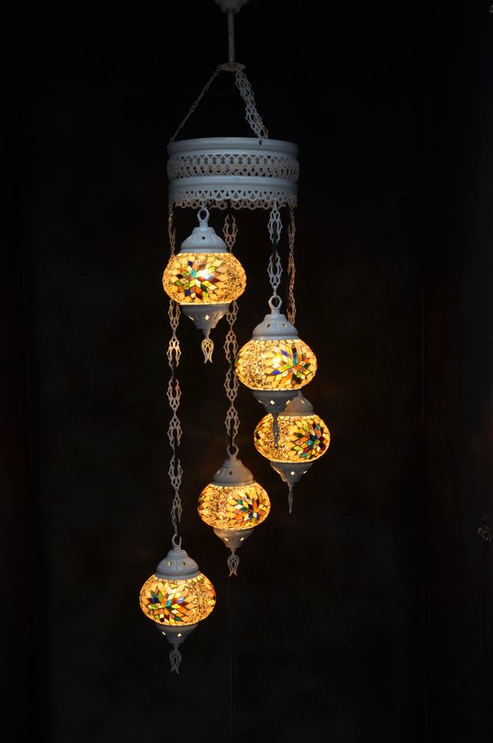 Suspension multicolore verre jaune mosaïque 5 ampoules turc oriental crème lustre marocain