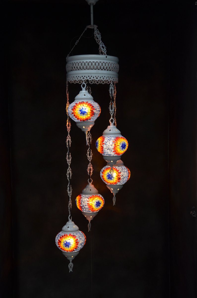 Hanglamp multicolour blauw glas mozaïek 5 bollen Turkse Oosterse Crèmewit Marokkaanse kroonluchter
