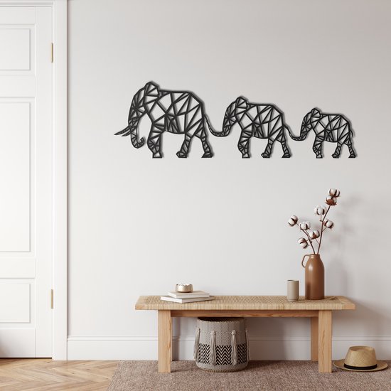Décoration murale | Famille d' Elephant géométriques / Famille d'éléphants géométriques | Métal - Art mural | Décoration murale | Salle de séjour |Noir| 75x24cm