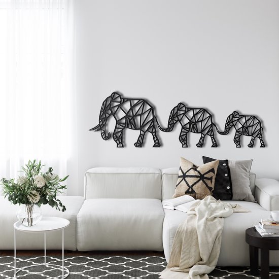 Décoration murale | Famille d' Elephant géométriques / Famille d'éléphants géométriques | Métal - Art mural | Décoration murale | Salle de séjour |Noir| 75x24cm