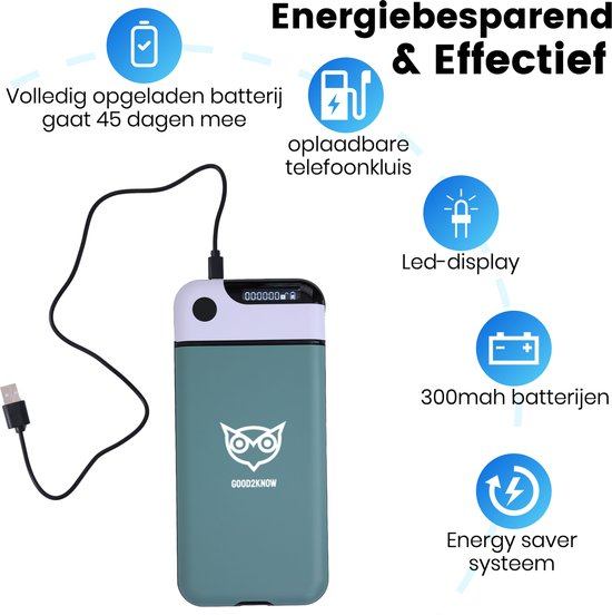 Groene telefoonkluis met oplader, een led-display en iconen die wijzen op 45 dagen batterij, oplaadbare kluis, 300 mah en energy saver systeem.