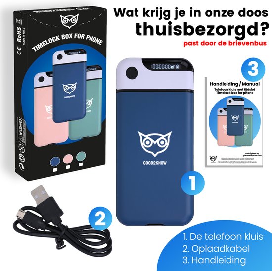 Verpakking van de telefoonkluis, de blauwe kluis, een oplaadkabel en de handleiding.