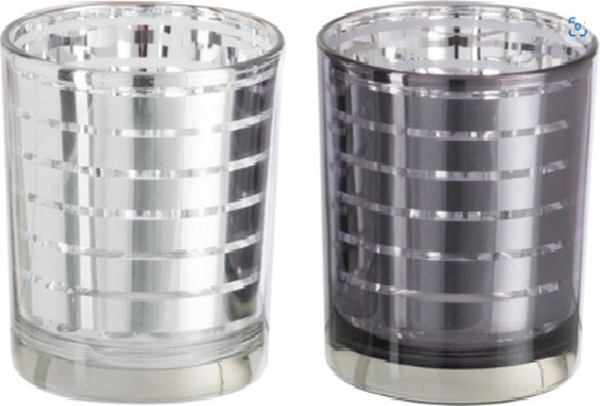J-Line Theelichthouder glas zilver | 9.0x9.0x (h)12.5 cm | 2 stuks